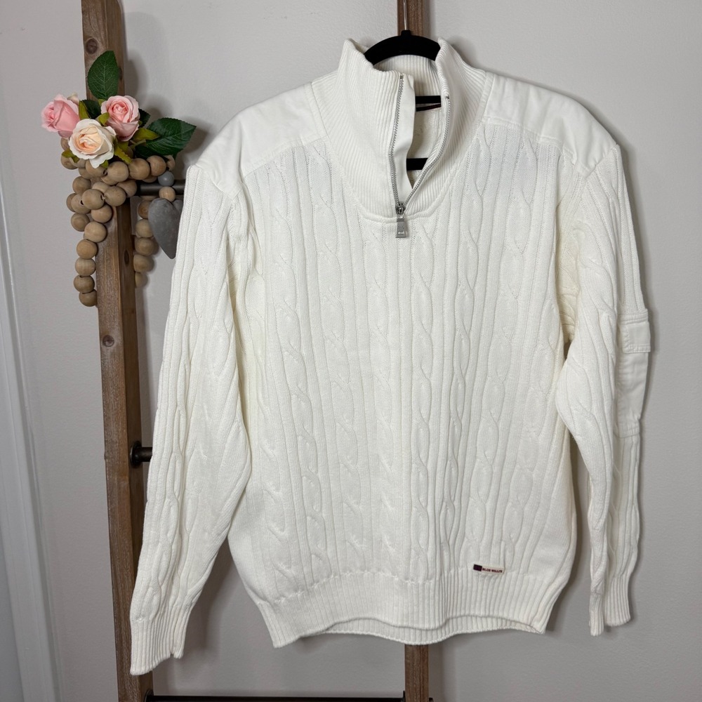 Blue Willi's Mens Cream Cable Knit Quarter Zip Sweater Size‎ Large
